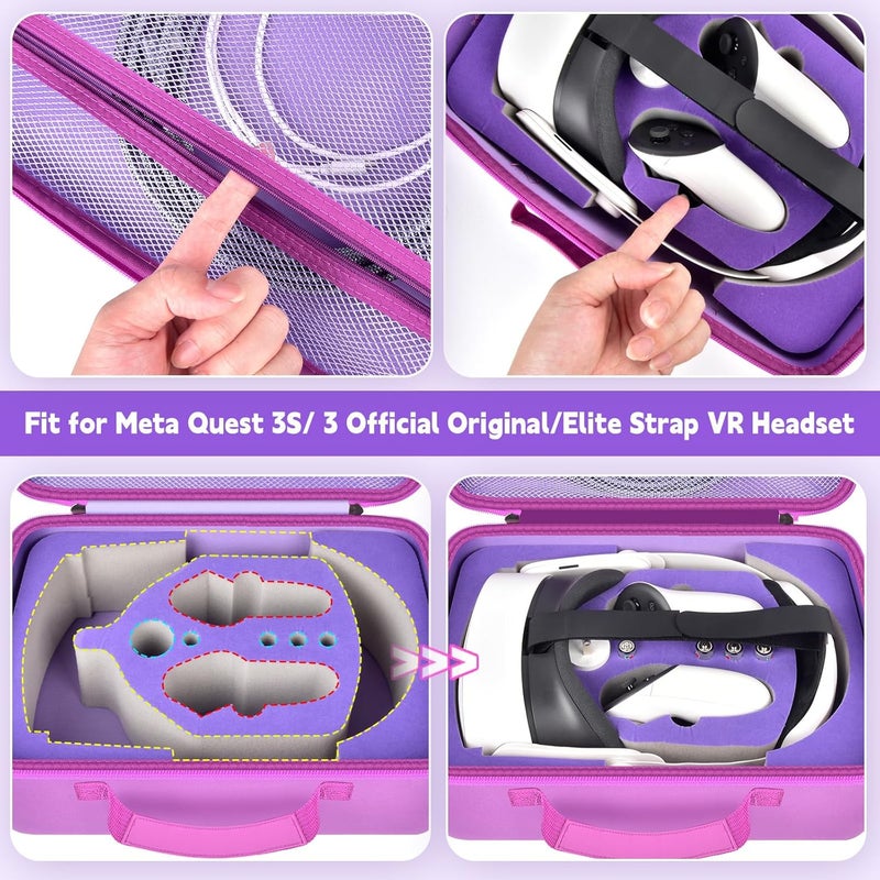 Comecase Hard Carrying Case for Meta Quest 3s/ Quest 3/ for Oculus Quest 2 Official Original/Elite Strap VR Headset and Controller Accessories, Portable Travel Storage Bag for Home, Outdoor - Purple - Image 3